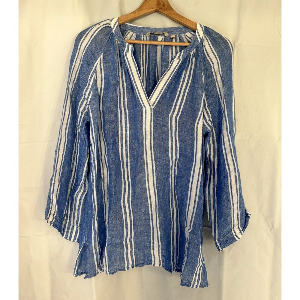 Soft Surroundings Top Women Medium Linen Blend Stripe Tunic Blue Roll-Tab Sleeve